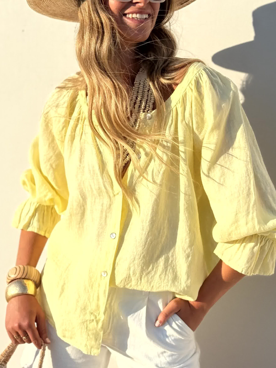 Relaxed Linen Puff Sleeve Blouse