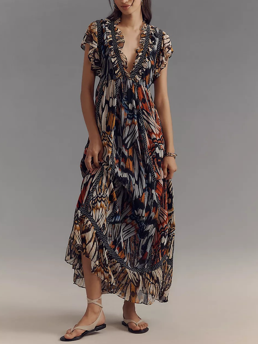 Short-Sleeve V-Neck Midi Dress