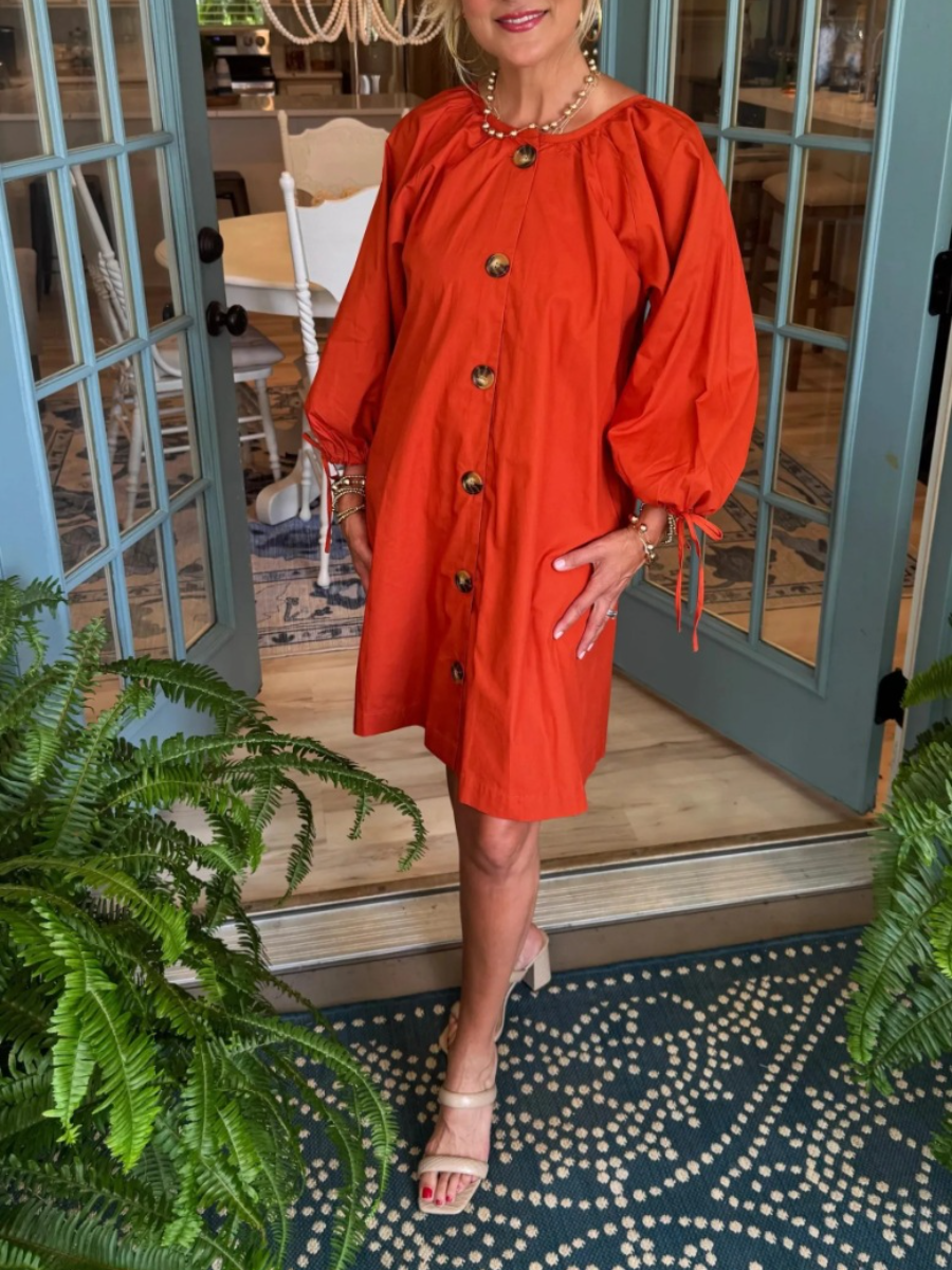 Button Front Balloon Sleeve Dress