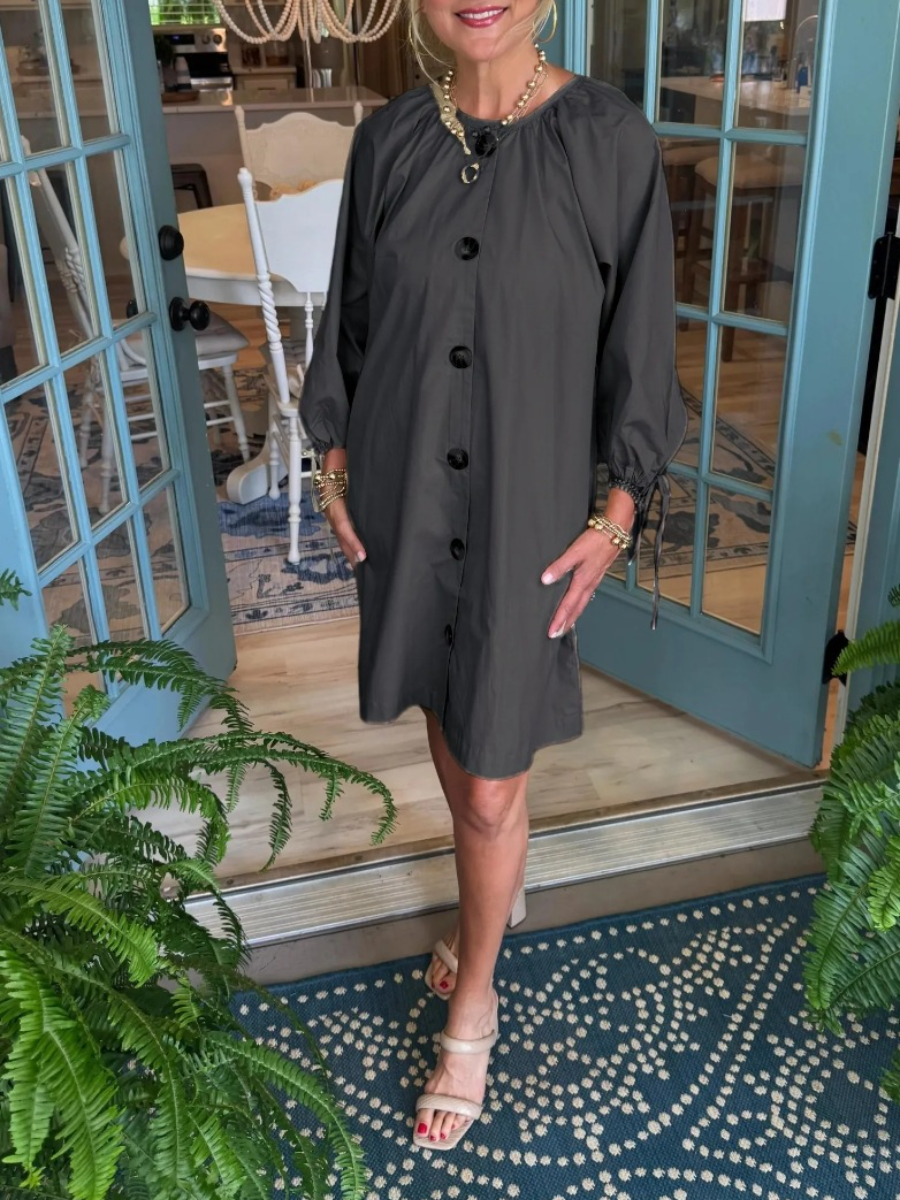 Button Front Balloon Sleeve Dress