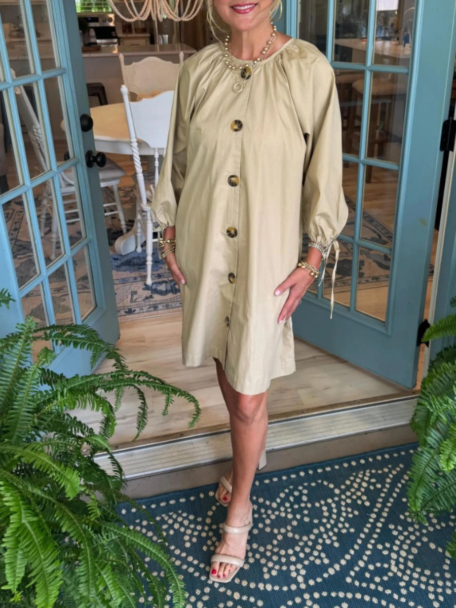 Button Front Balloon Sleeve Dress