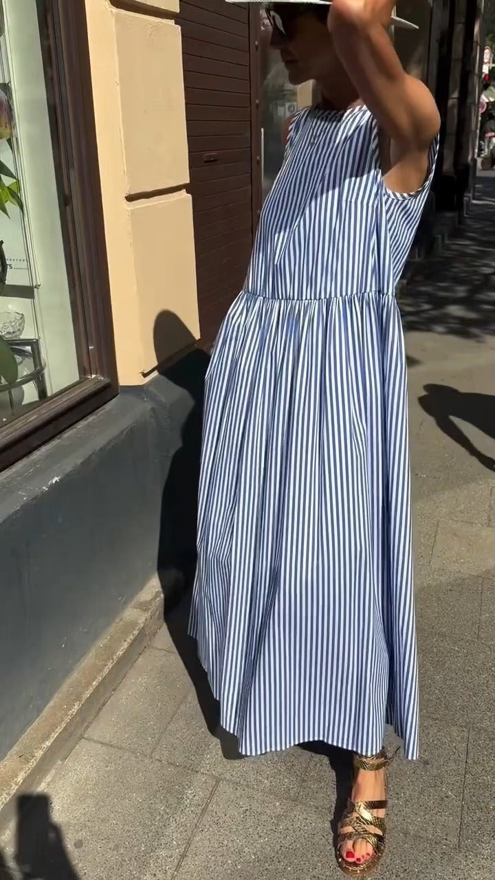 Back Button Sleeveless Striped Dress
