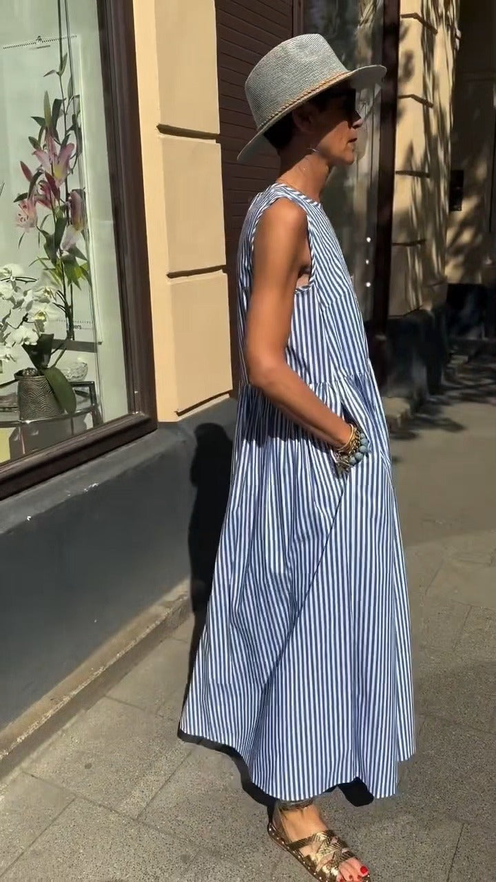 Back Button Sleeveless Striped Dress