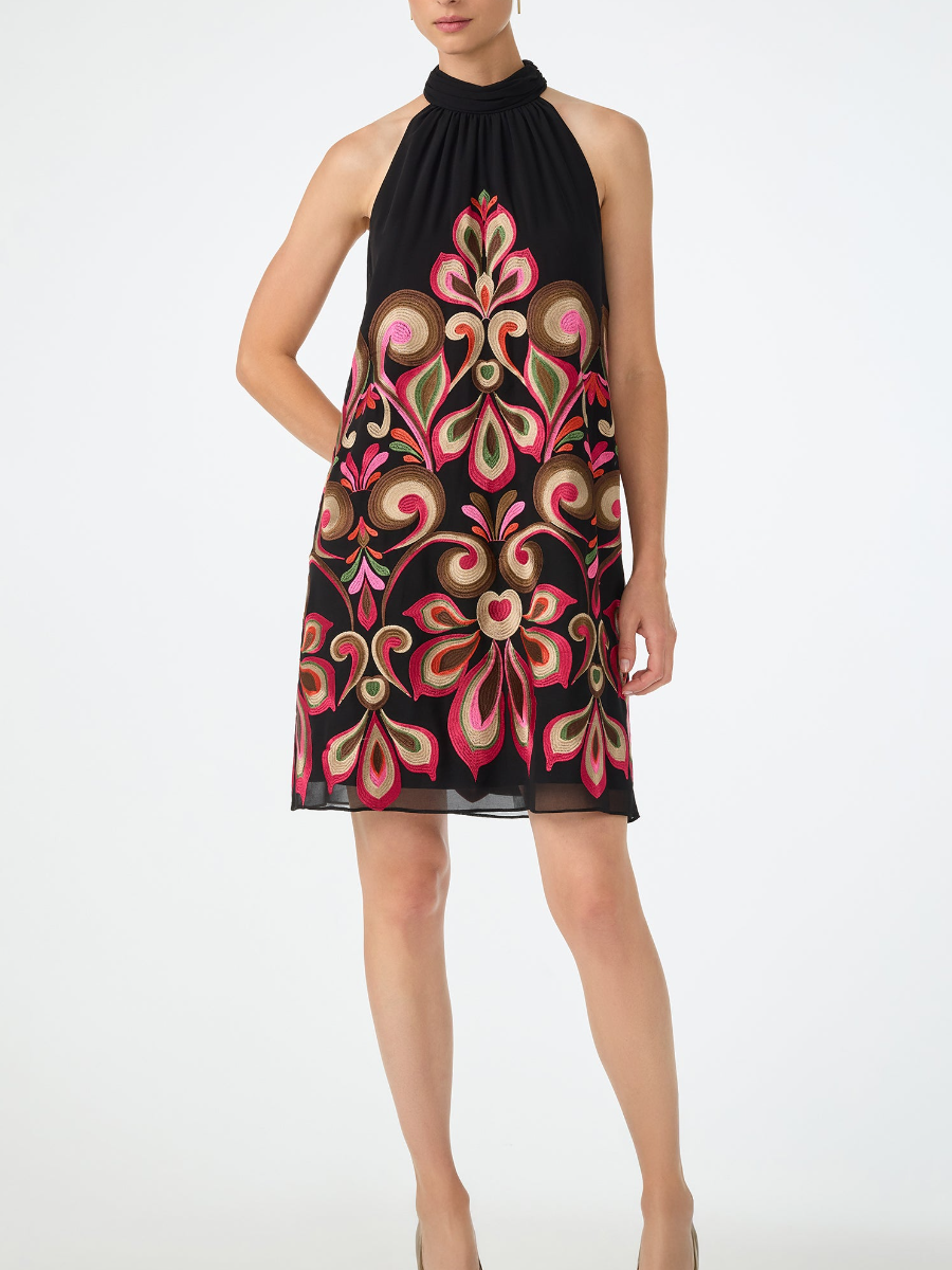 Hanging Neck Embroidery Mini Dress