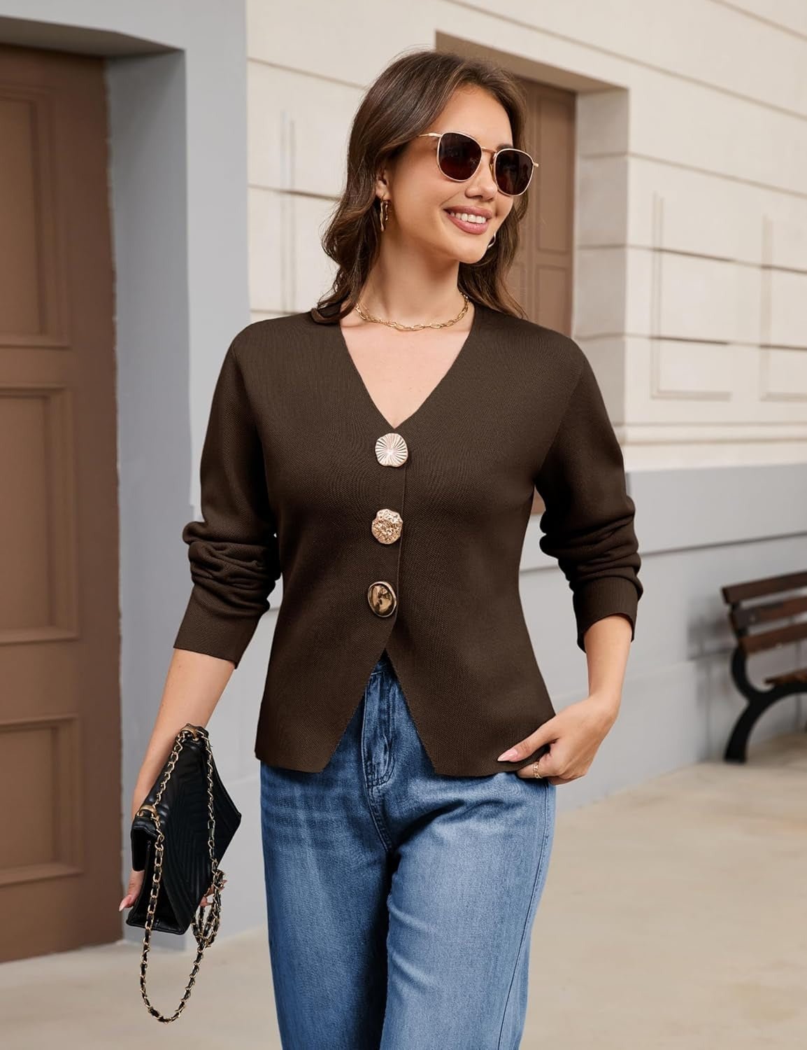 Long Sleeve Gold Button Down Knit Cardigans
