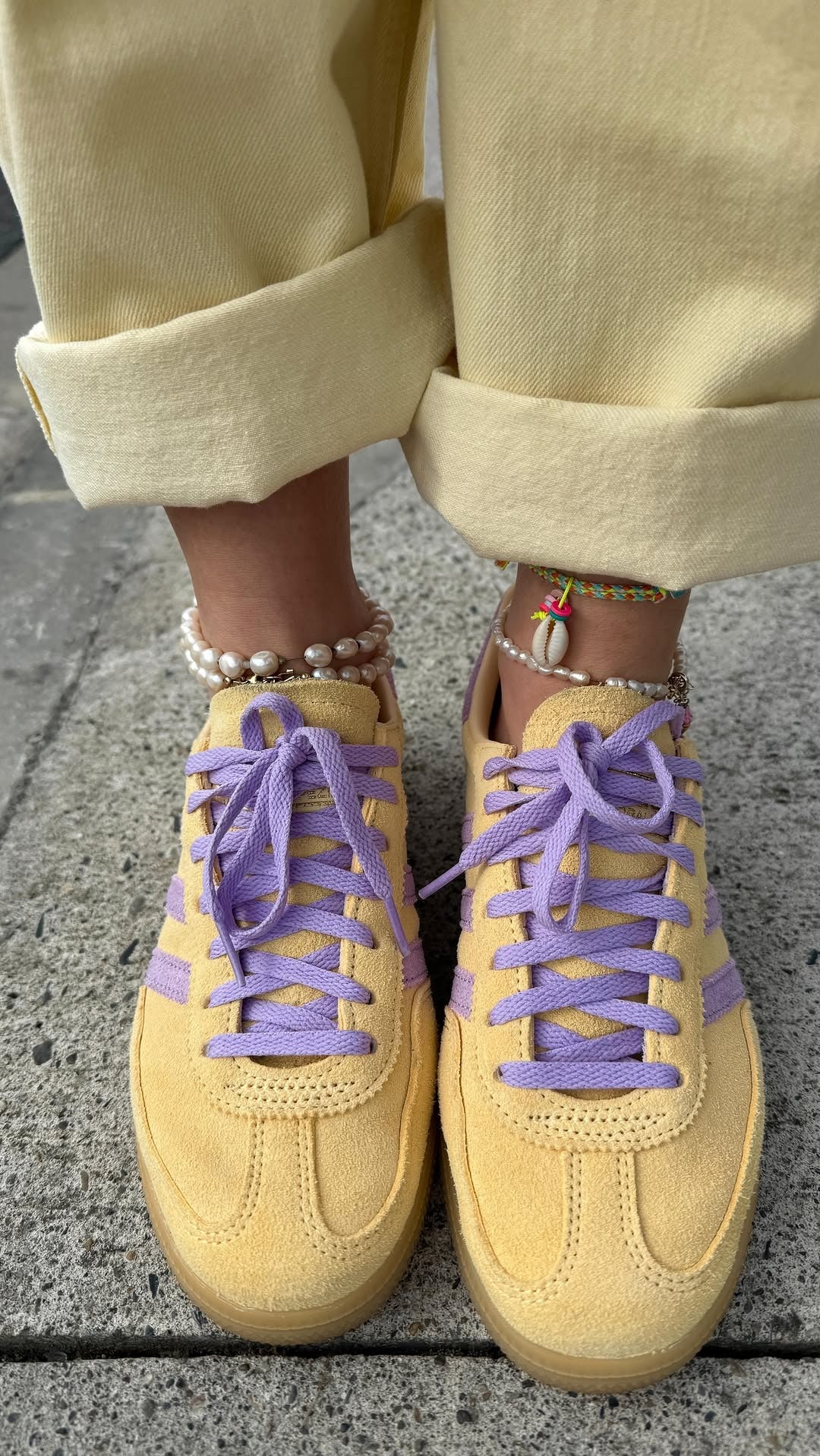 Chic Yellow Suede Sneakers With Lilac Laces