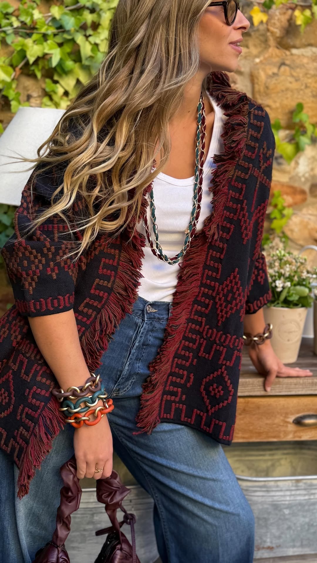 Fringed Geometric PatternCardigan