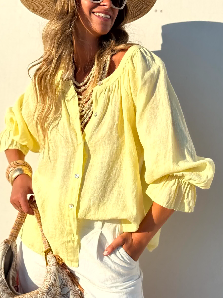 Relaxed Linen Puff Sleeve Blouse