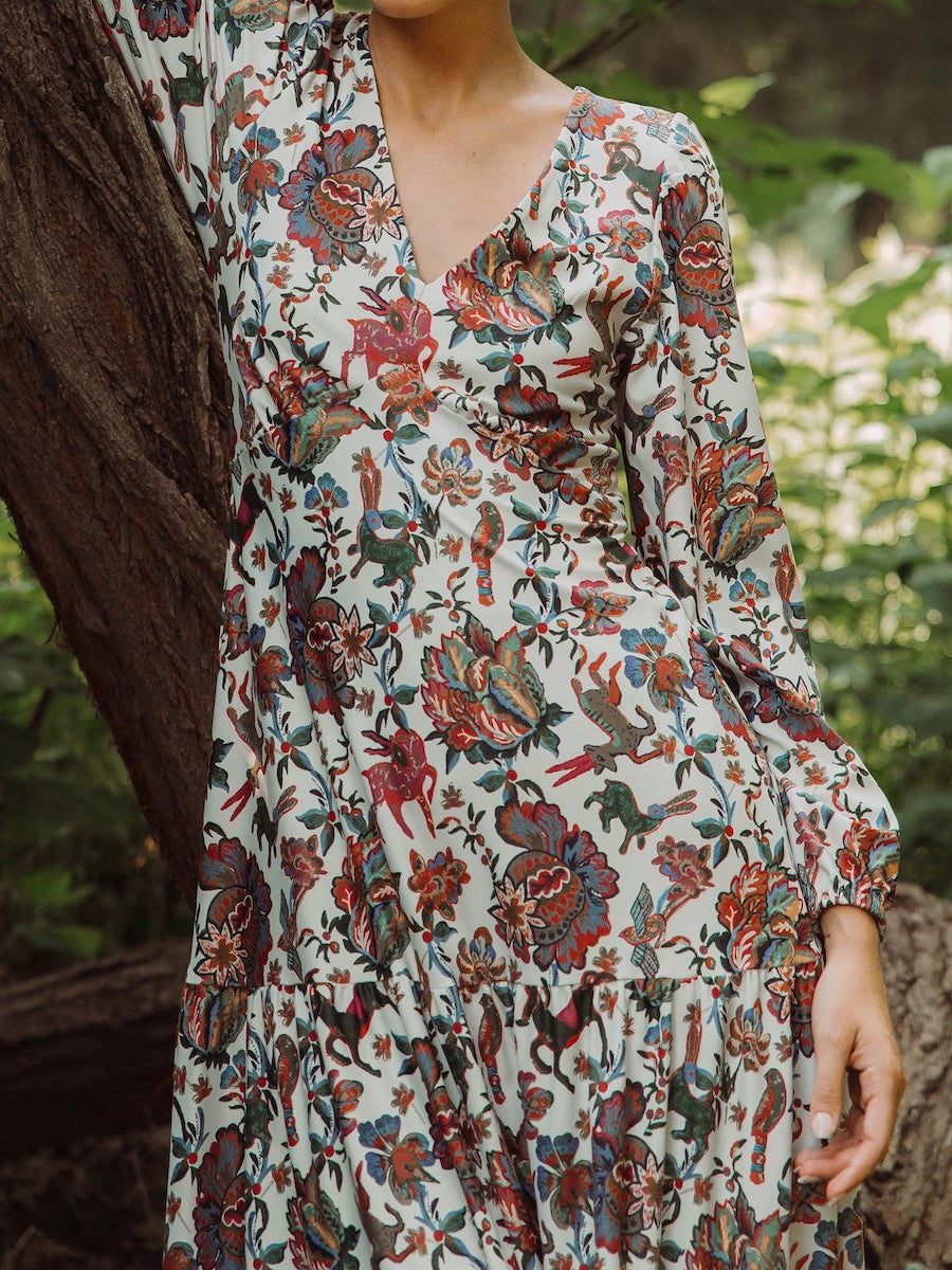 Floral Print V Neck Long Sleeve Maxi Dress