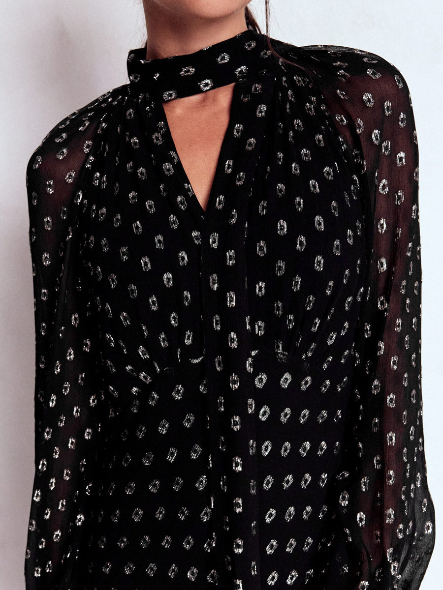 Tie Neck Long Sleeve Midi Dress