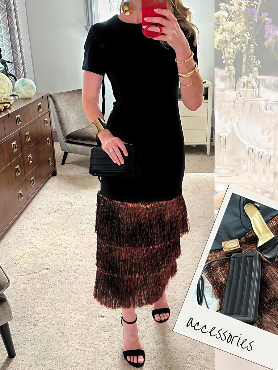 Fringed Hem Short Sleeve Maxi Dress