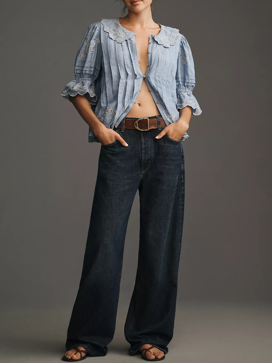 Short-Sleeve Collared Pleated Blouse