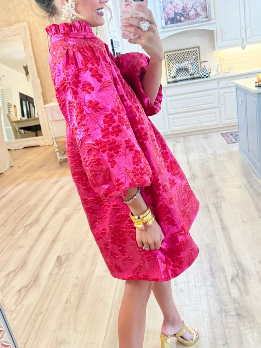 Hot Pink Ruffle Neck Jacquard Dress