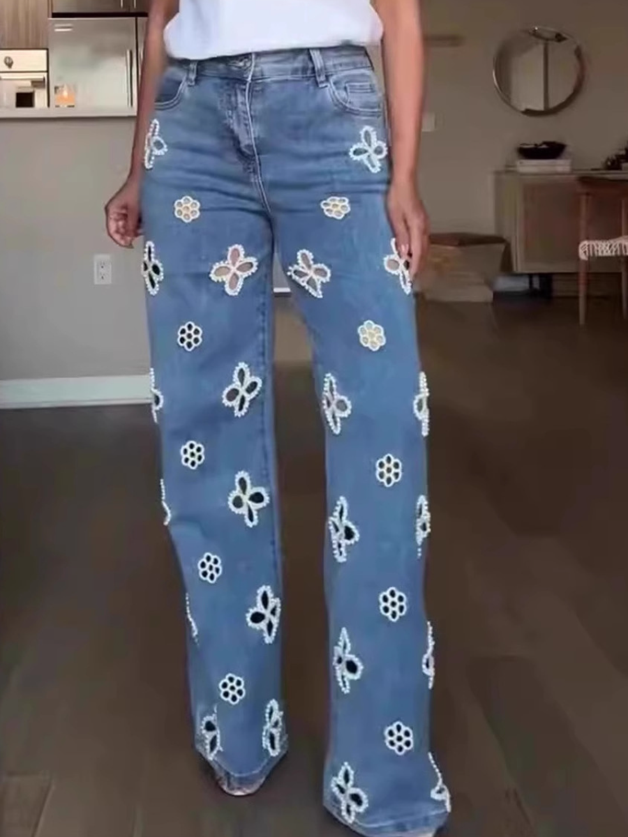 Embroidered Pearl Hollow-out Stretch Straight Pants