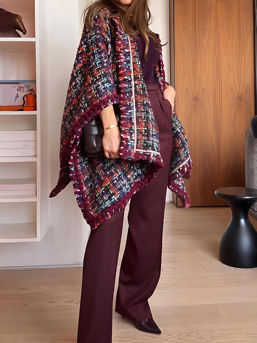 Multicolor Woven Pattern Tweed Cape