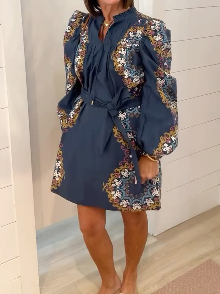 Printed Ruched Sleeve Ruffled Neck Dress