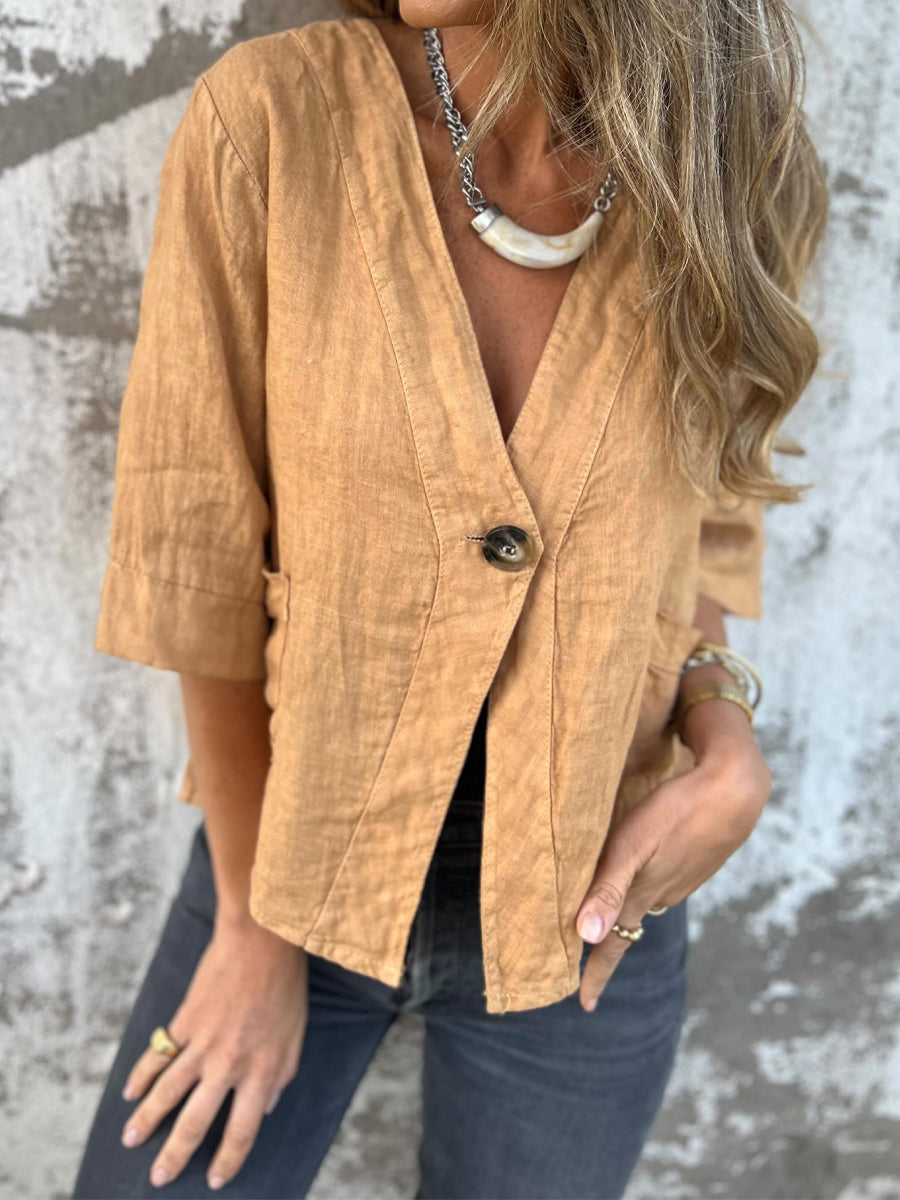 Loose Button Up V Neck Top