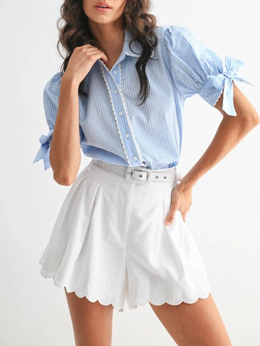 Blakely Blue And White Button Down Bow Top