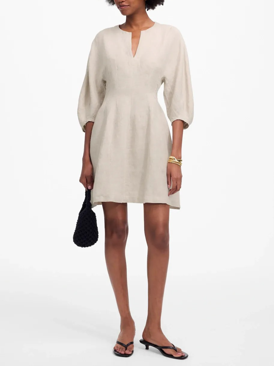 Split Neck Mini Dress In 100% Linen