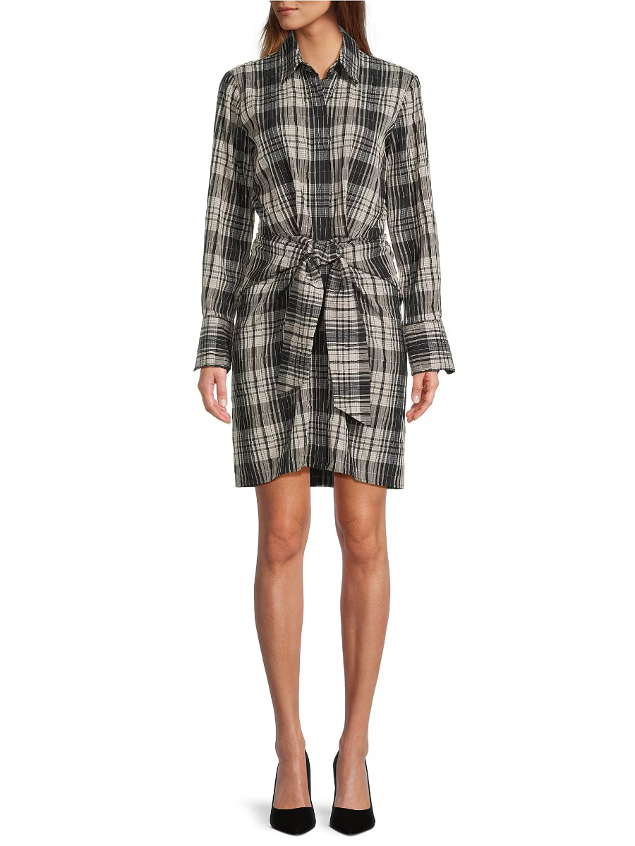 Long Sleeve Collared Neck Tie Front Shirt Dress