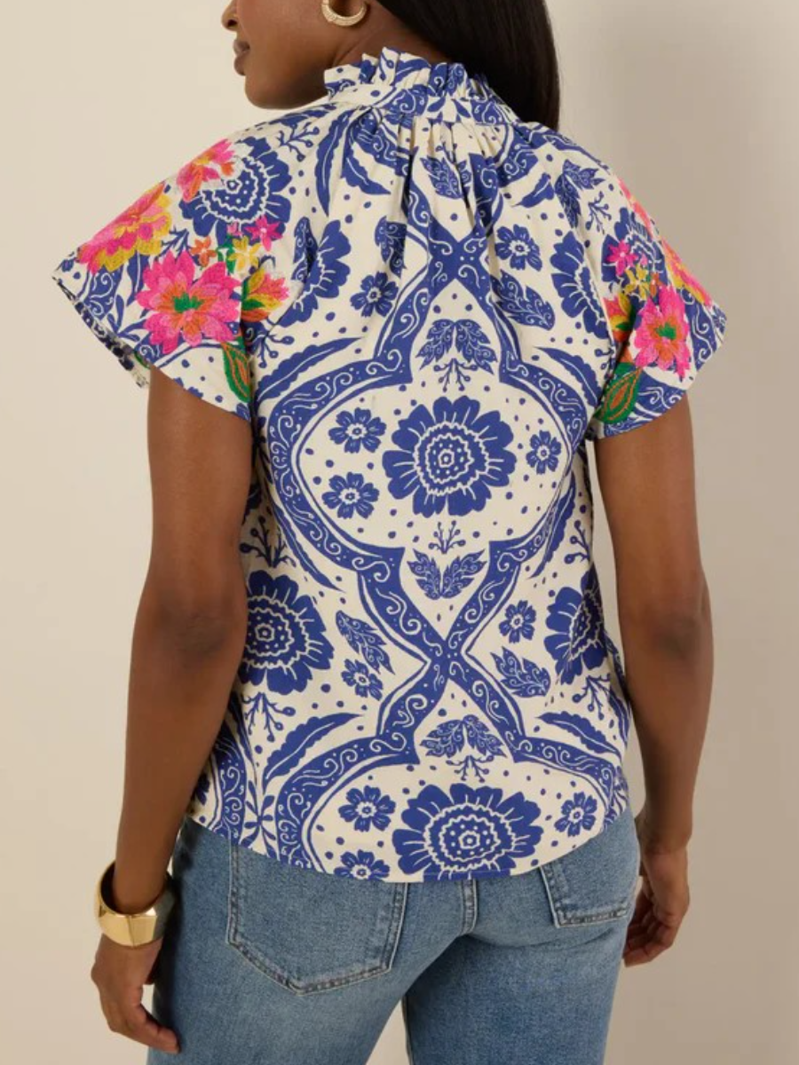Bohemian Print Band Collar Blouse