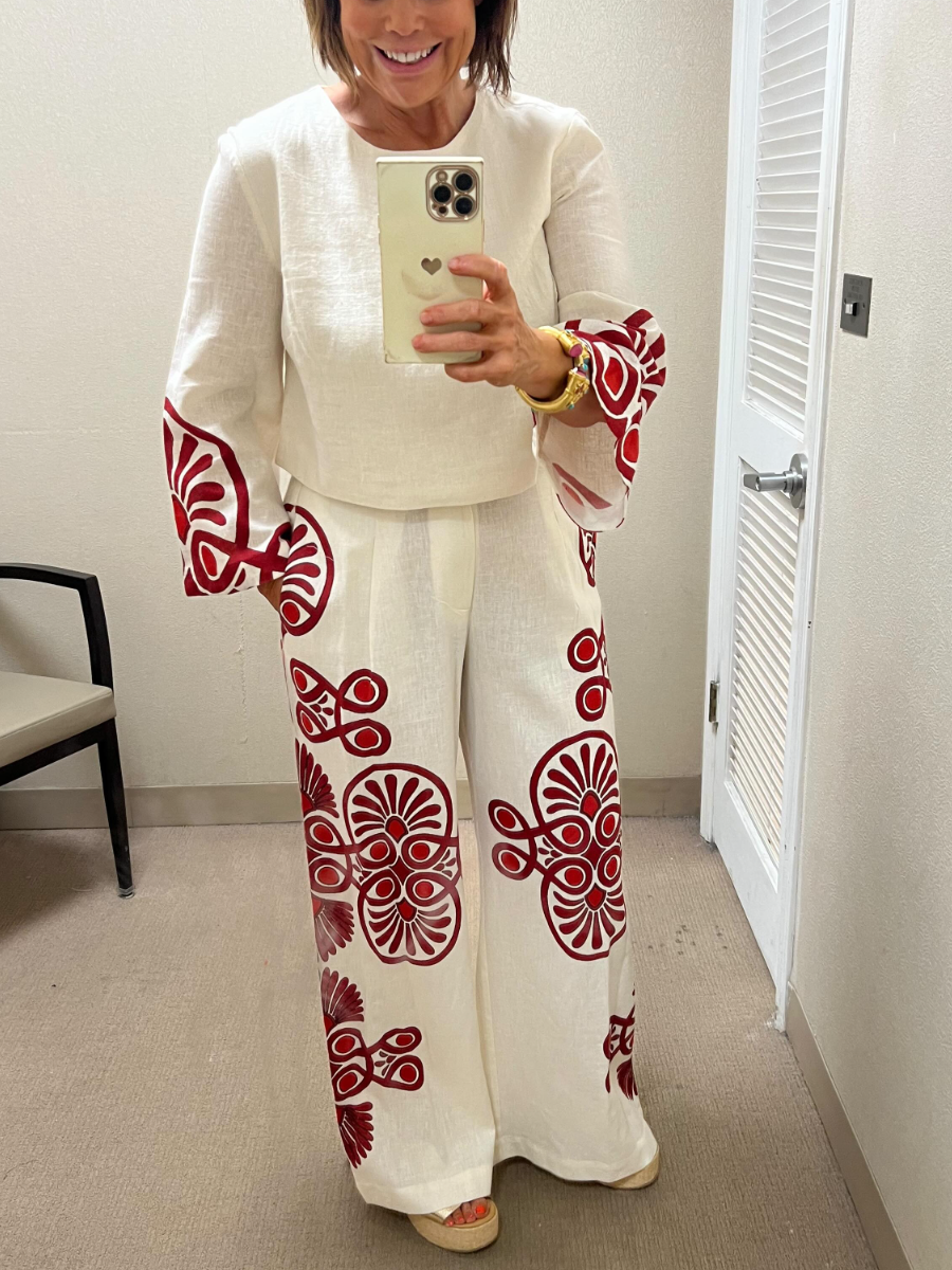 Printed Linen Blend Round Neck Long Sleeve Set