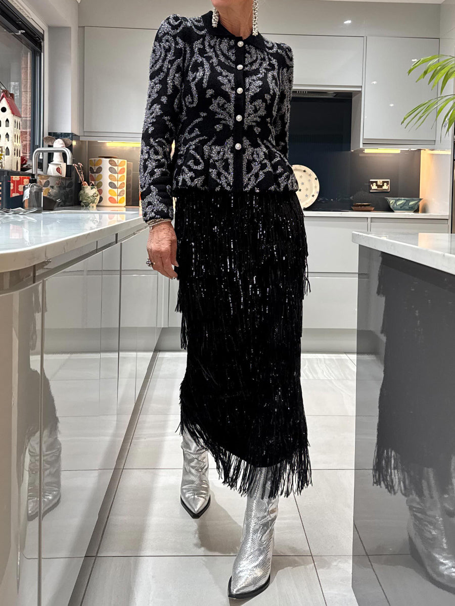 Elasticized Waist Sequin Fringed Skirt