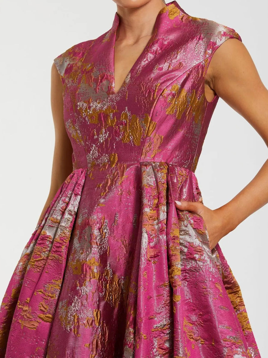 Printed V-neck Mandarin Collar Party Dress