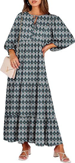 V-Neck Bubble Sleeve Casual Print A- Line Long Beach Dress