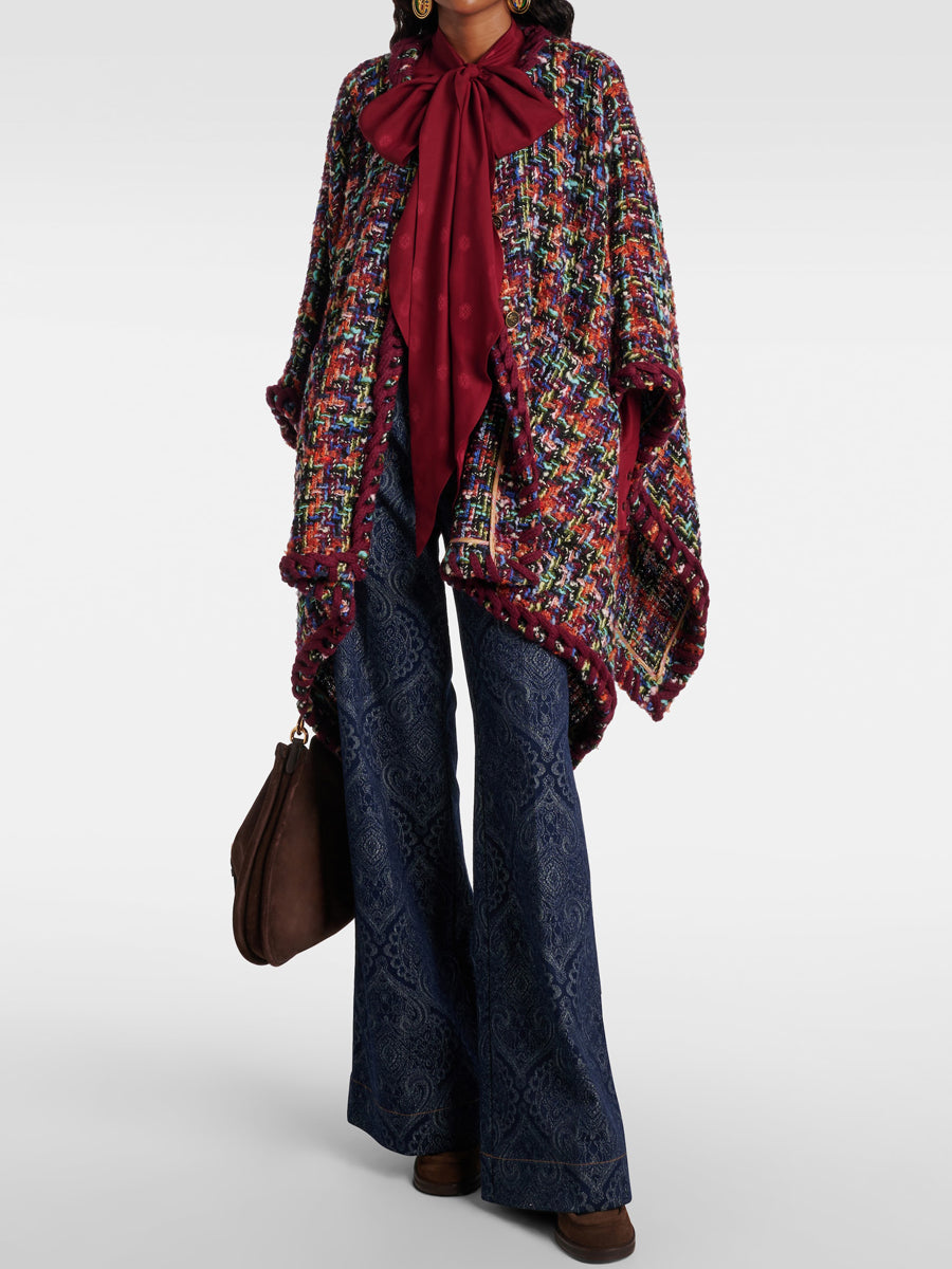 Multicolor Woven Pattern Tweed Cape