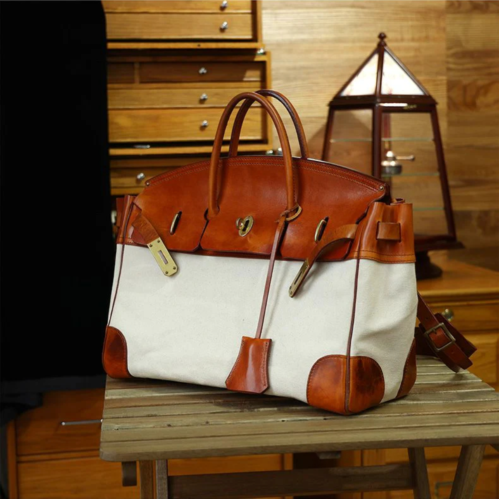 Two-Tone Canvas And Leather Handbag