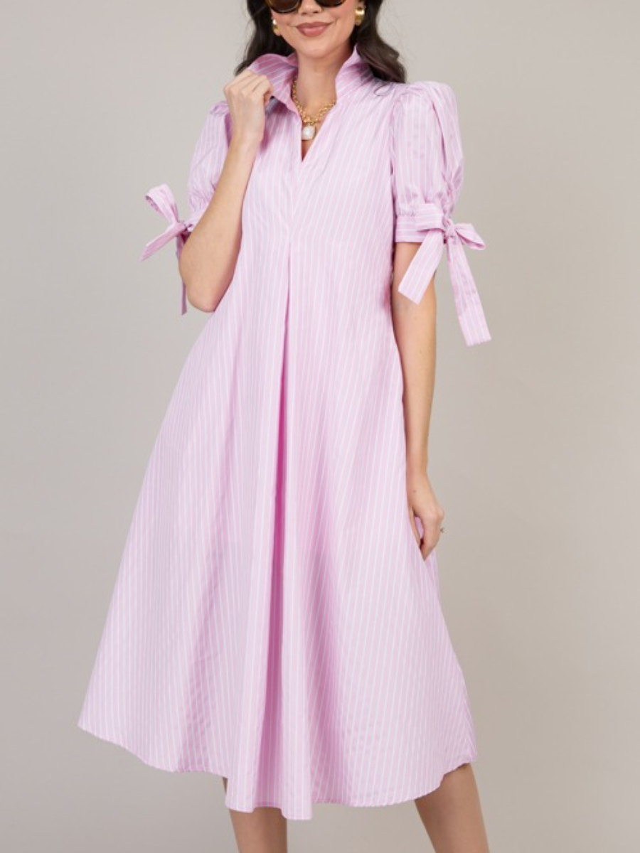 Bow Sleeve Pinstripe Maxi Dress