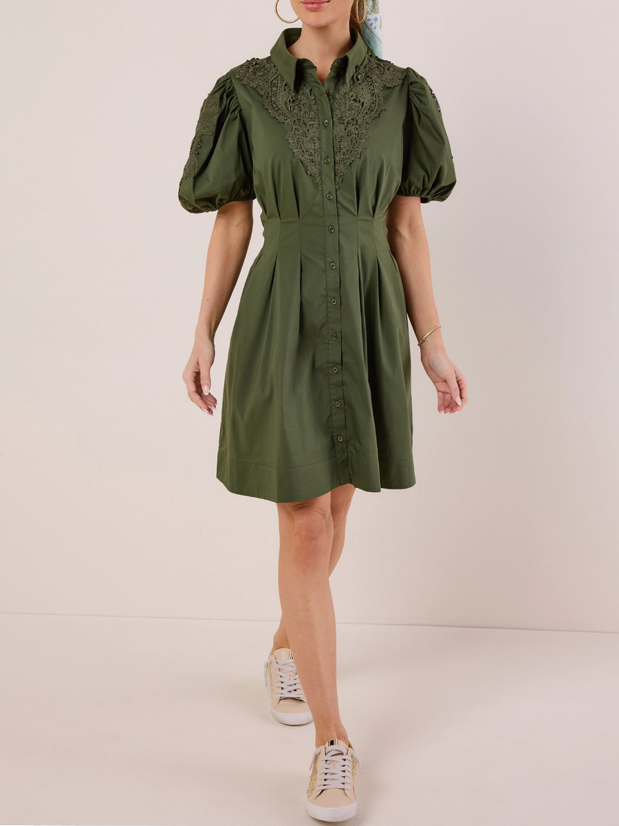 Spread Collar Pleated Puff Sleeve Dress
