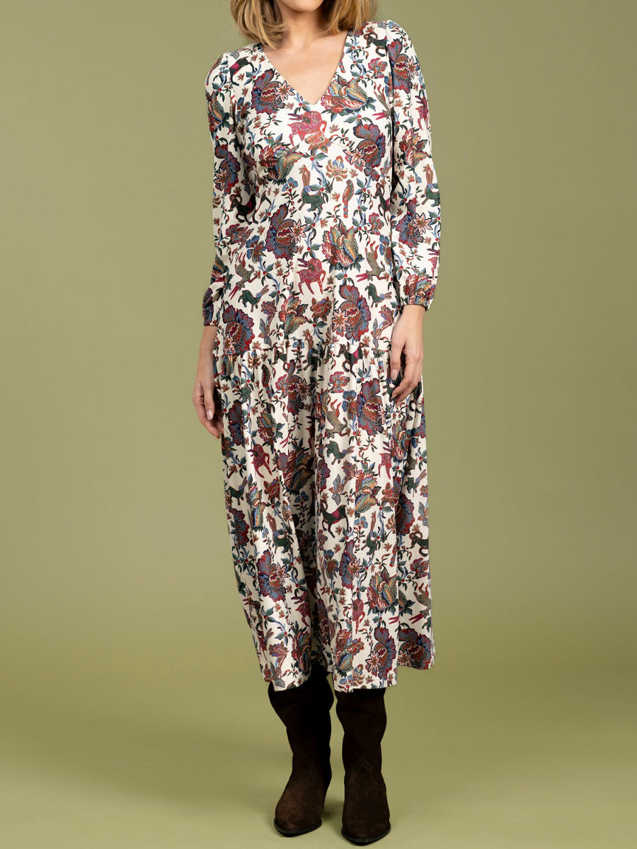 Floral Print V Neck Long Sleeve Maxi Dress