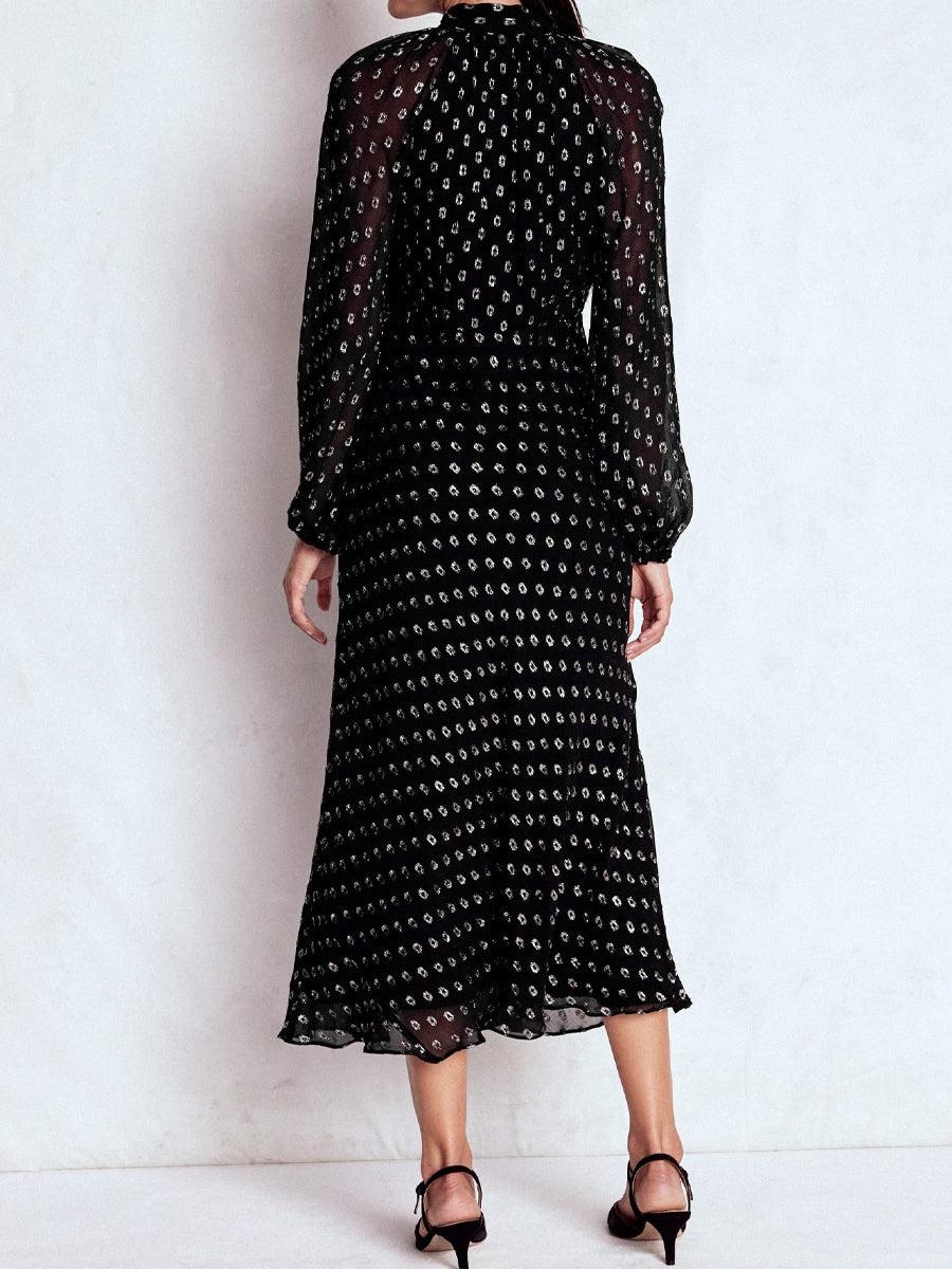 Tie Neck Long Sleeve Midi Dress