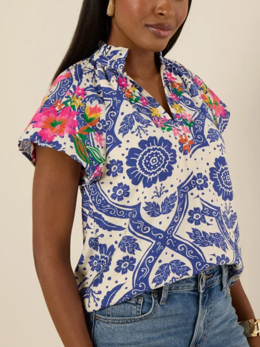 Bohemian Print Band Collar Blouse