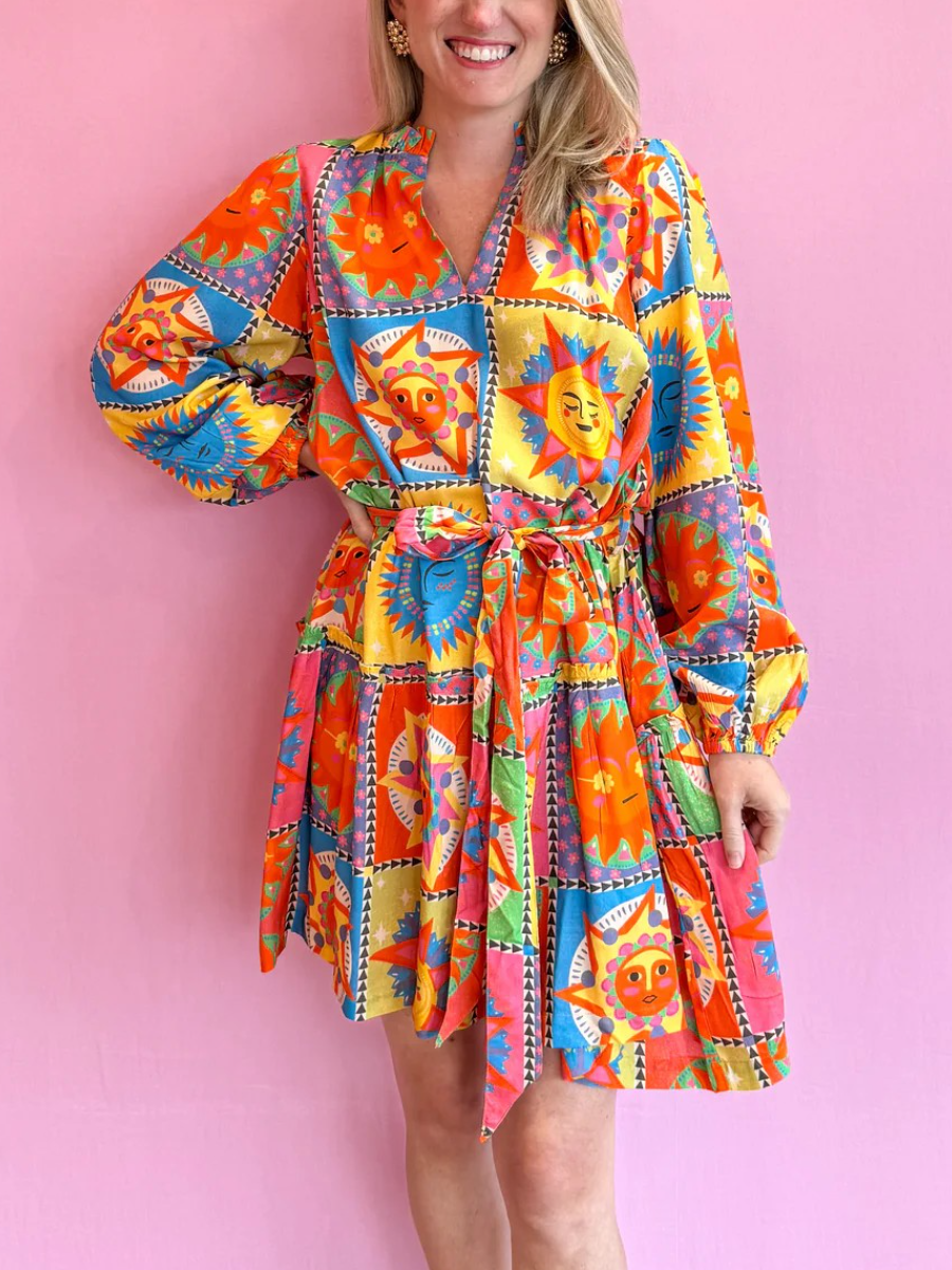 Patchwork Printed Tie Waist Dress
