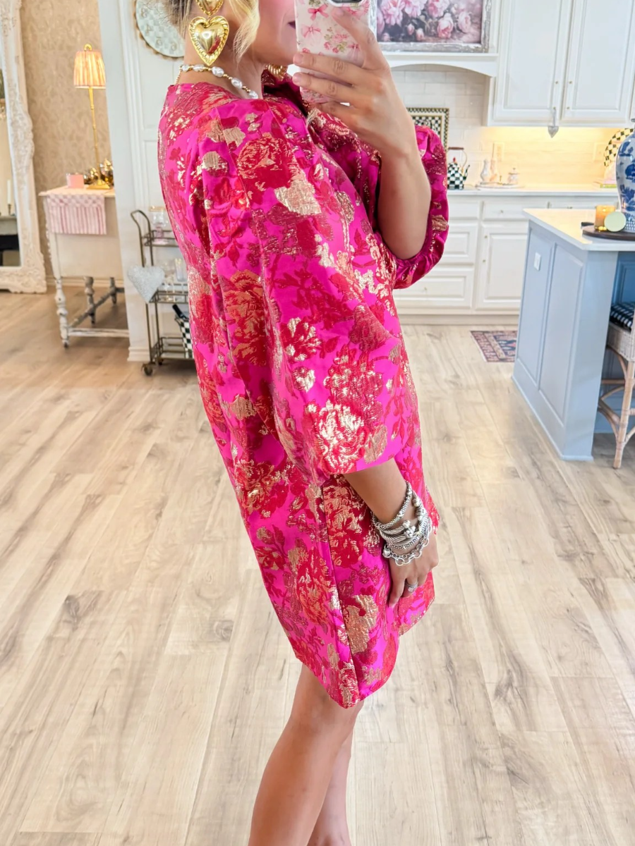 Hot Pink Gold Accent Jacquard Shift Dress