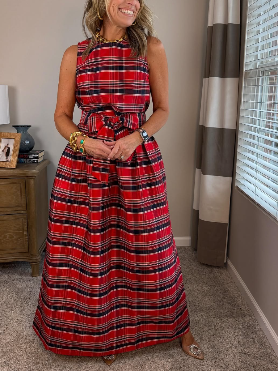 Red Plaid Sleeveless Bow-Tie Maxi Set