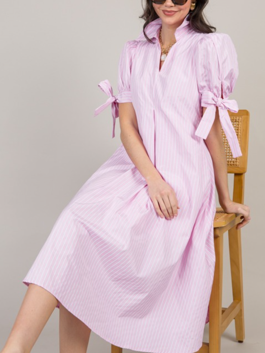 Bow Sleeve Pinstripe Maxi Dress