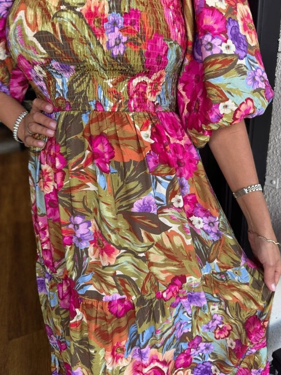 Floral Square Neck Smocked Dress