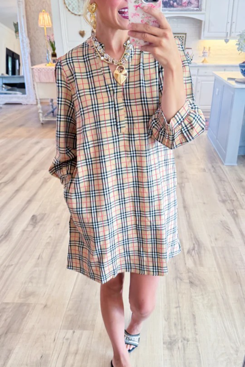 Taupe Mix Print Long Sleeve Midi Dress