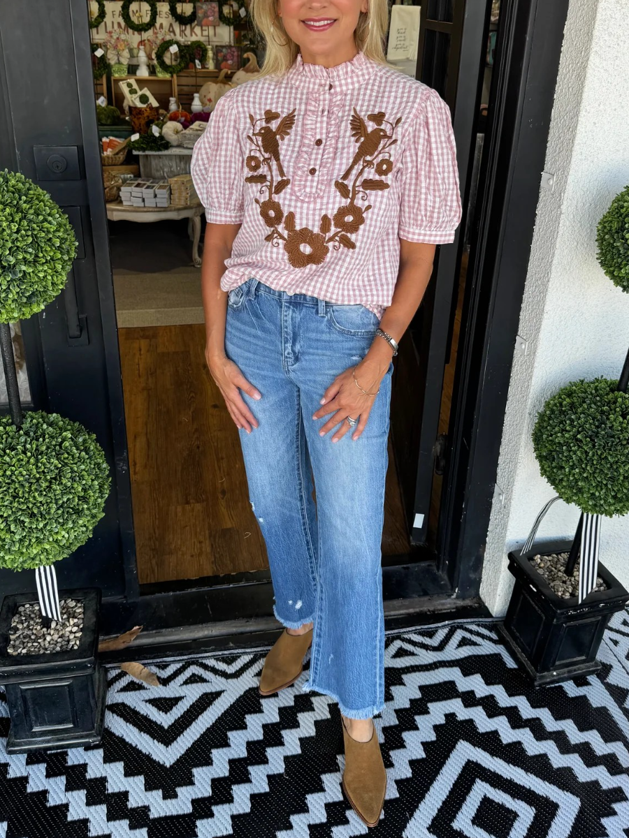 Ruffled Neck Gingham Embroidered Top