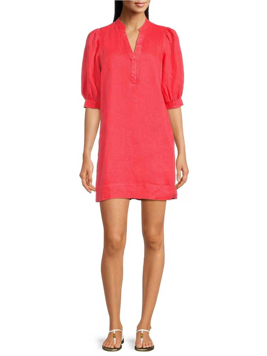 Linen V Neck Puff Sleeve Mini Dress