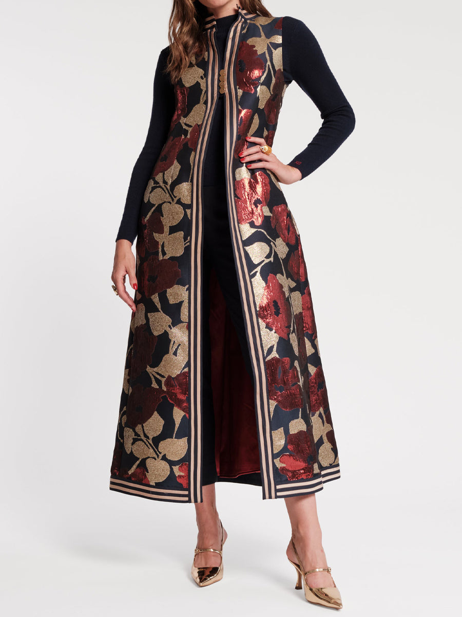 Stand Collar Sleeveless A-line Maxi Jacket