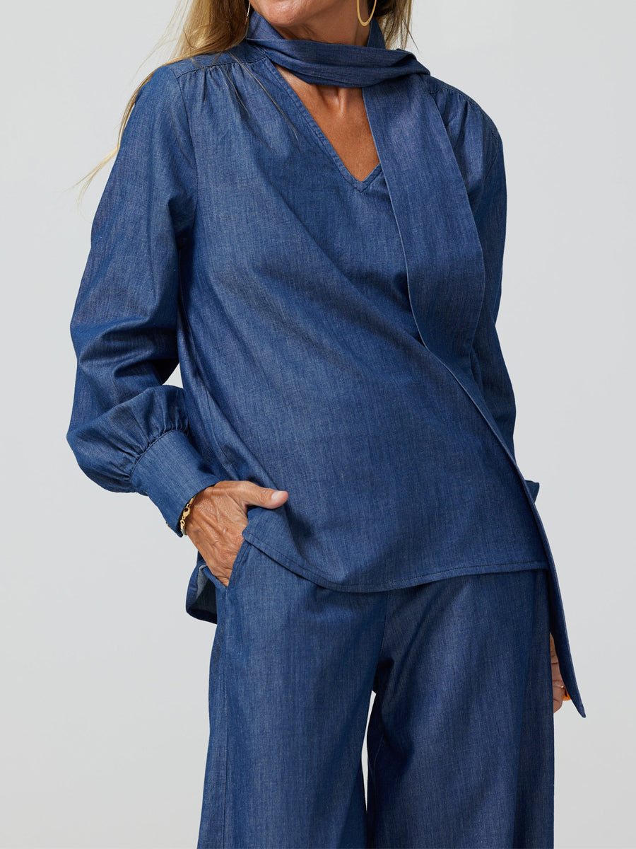 Bow Denim V Neck Two Pieces Set