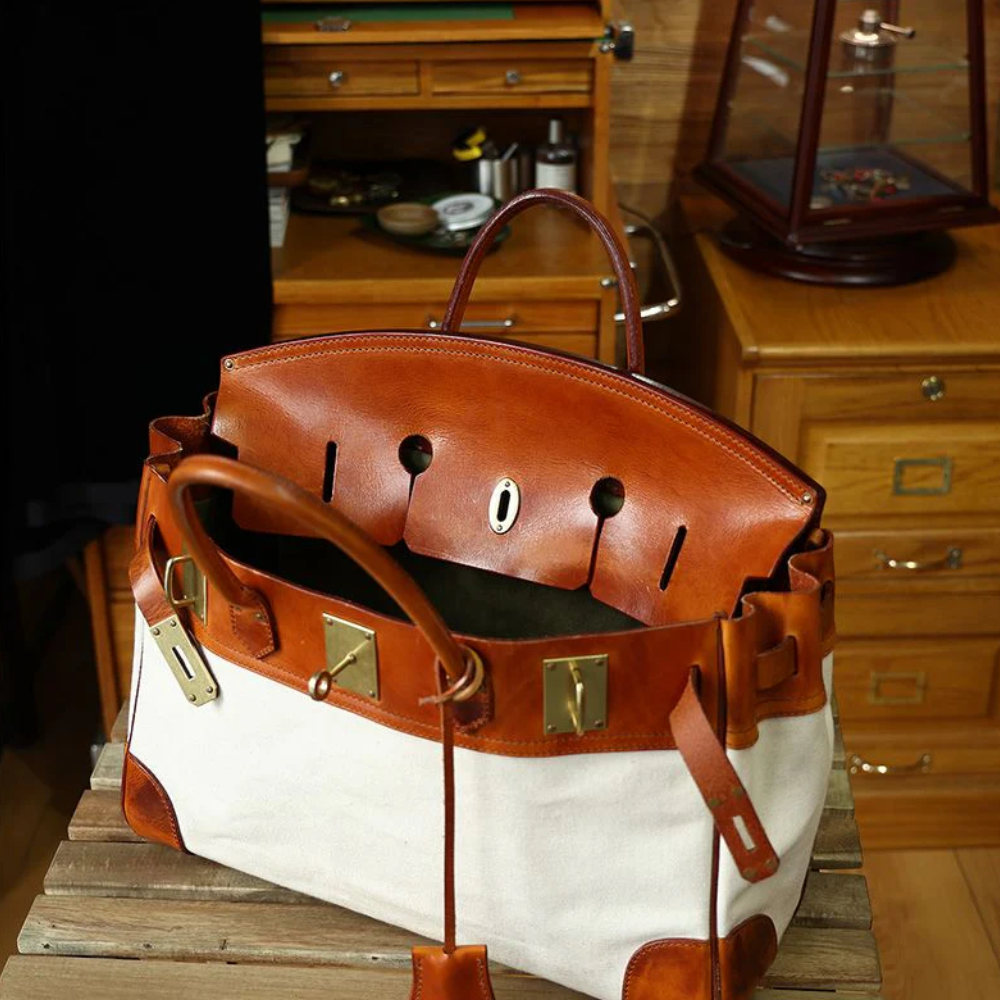 Two-Tone Canvas And Leather Handbag