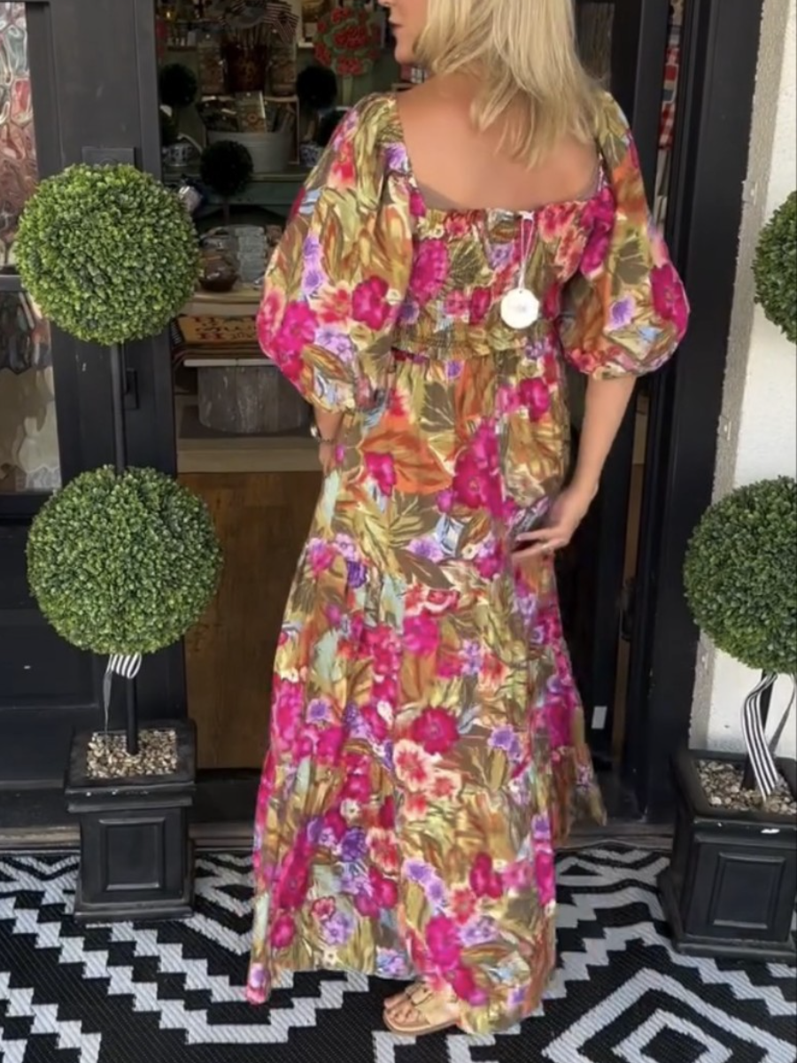 Floral Square Neck Smocked Dress