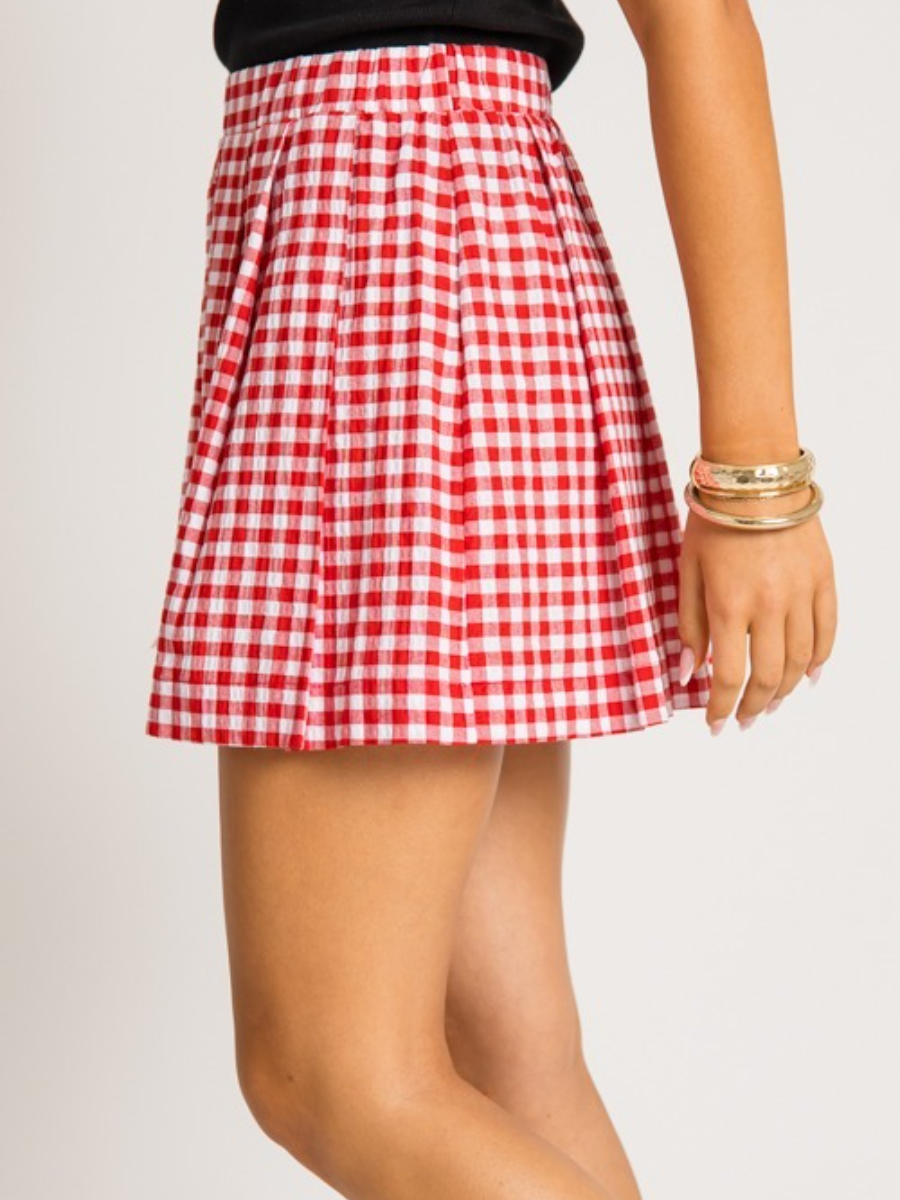 Pleated Mini Skirt, Red Gingham