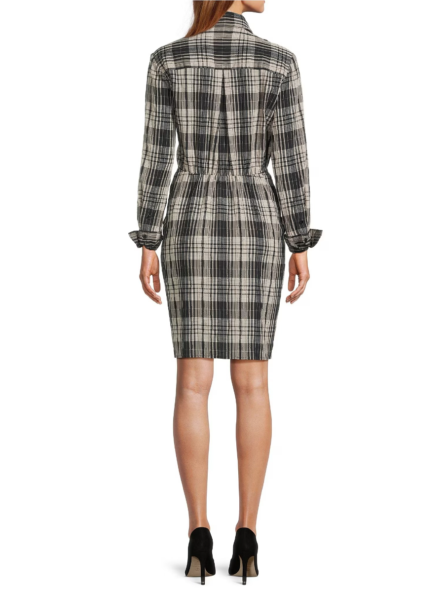 Long Sleeve Collared Neck Tie Front Shirt Dress